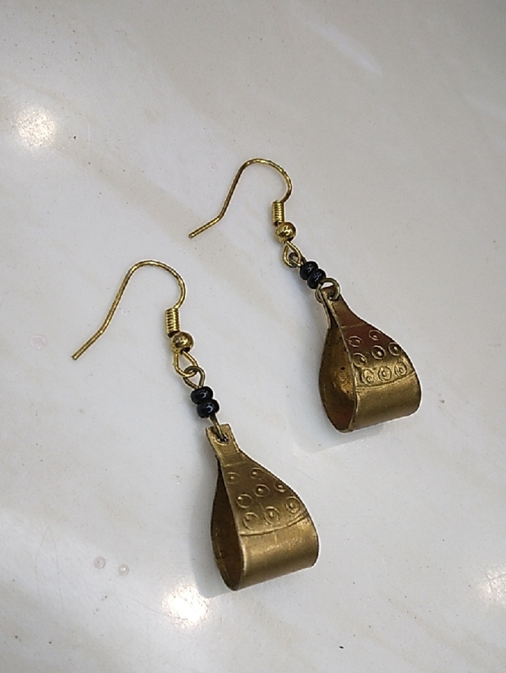 Gold Brass Dangle Earrings with Black Bead Accents